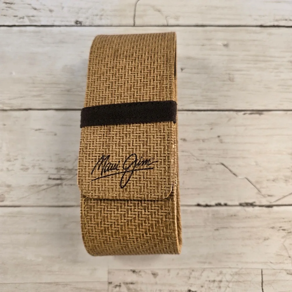 Maui Jim Sunglasses Case Tan Woven Seagrass Elastic Band Closure Brown Interior